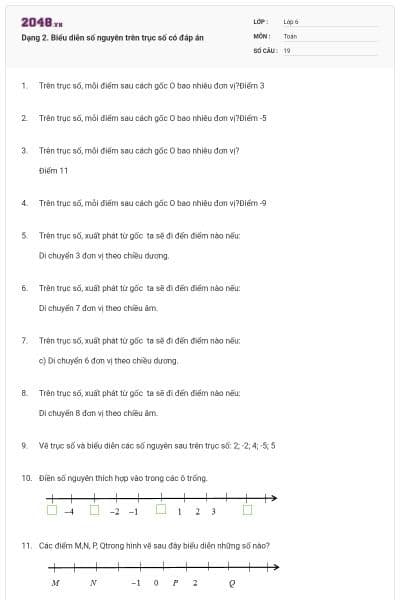 Dạng 2. Biểu diễn số nguyên trên trục số có đáp án