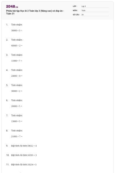 Phiếu bài tập Học kì 2 Toán lớp 3 (Nâng cao) có đáp án -Tuần 31