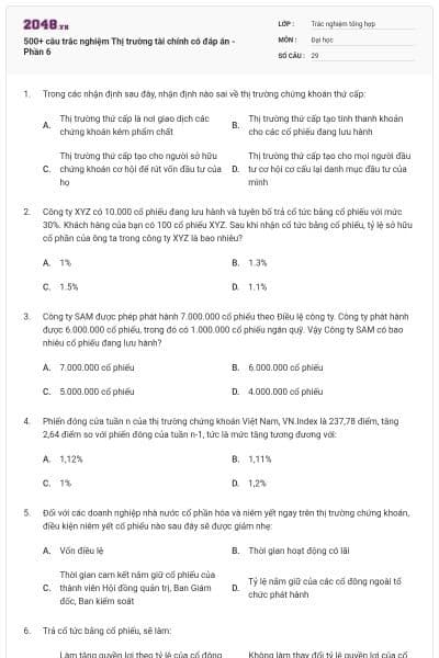500+ câu trắc nghiệm Thị trường tài chính có đáp án - Phần 6
