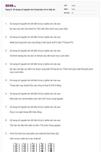 Dạng 5: Sử dụng số nguyên âm trong thực tế có đáp án