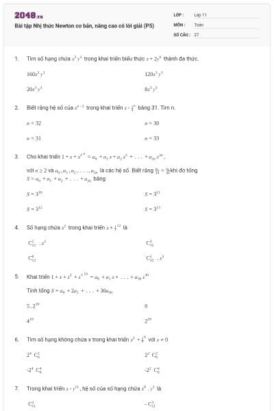 Bài tập Nhị thức Newton cơ bản, nâng cao có lời giải (P5)