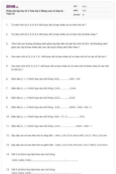 Phiếu bài tập Học kì 2 Toán lớp 3 (Nâng cao) có đáp án -Tuần 32