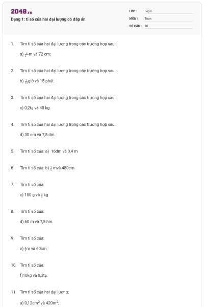 Dạng 1: tỉ số của hai đại lượng có đáp án