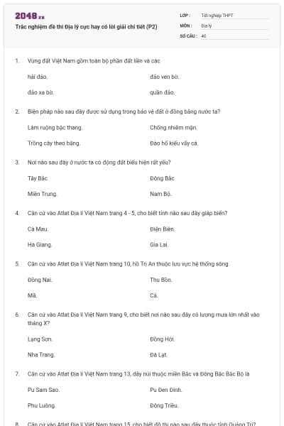Trắc nghiệm đề thi Địa lý cực hay có lời giải chi tiết (P2)