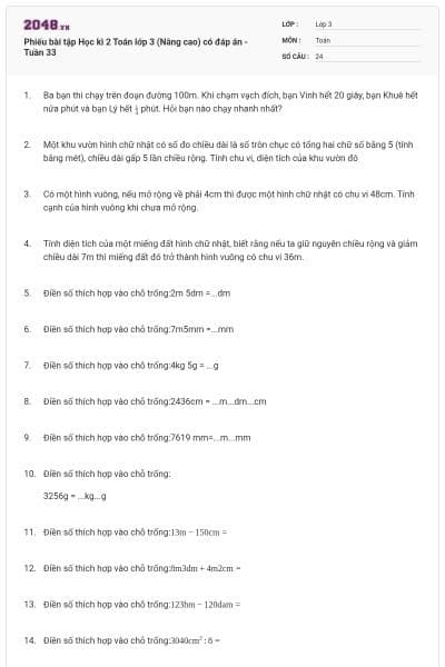 Phiếu bài tập Học kì 2 Toán lớp 3 (Nâng cao) có đáp án -Tuần 33