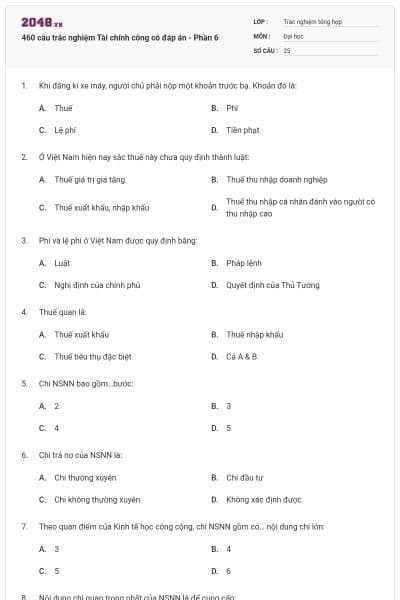 460 câu trắc nghiệm Tài chính công có đáp án - Phần 6