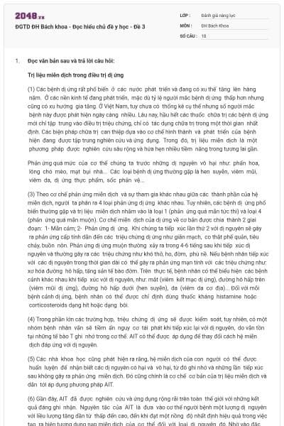 ĐGTD ĐH Bách khoa - Đọc hiểu chủ đề y học - Đề 3