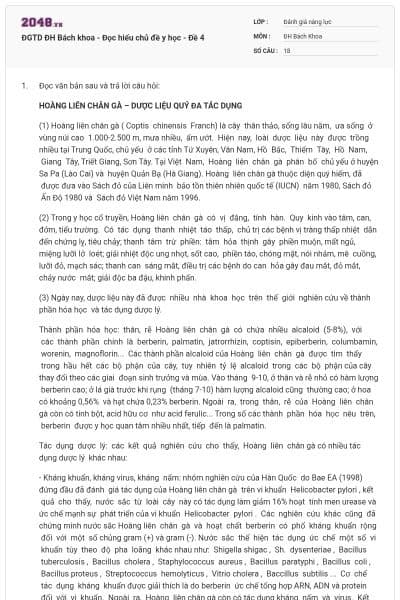 ĐGTD ĐH Bách khoa - Đọc hiểu chủ đề y học - Đề 4