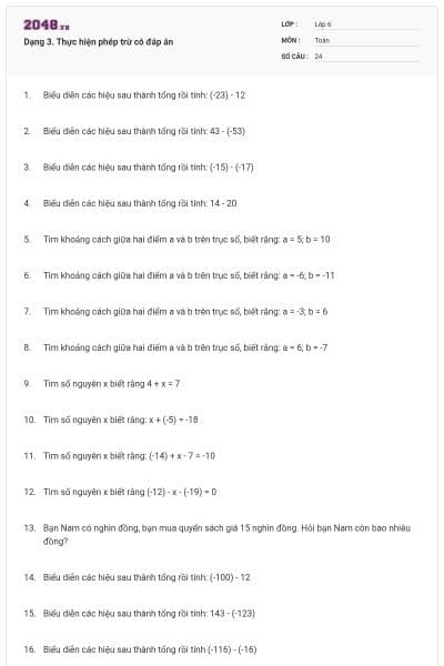 Dạng 3. Thực hiện phép trừ có đáp án
