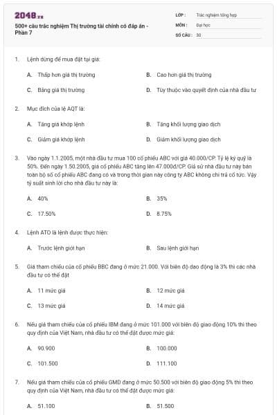 500+ câu trắc nghiệm Thị trường tài chính có đáp án - Phần 7