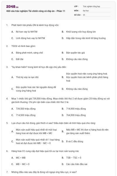 460 câu trắc nghiệm Tài chính công có đáp án - Phần 11