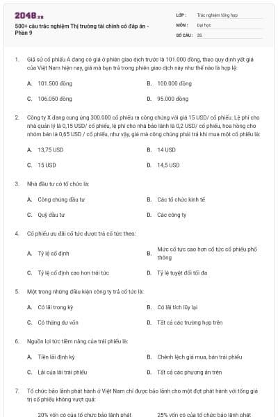 500+ câu trắc nghiệm Thị trường tài chính có đáp án - Phần 9