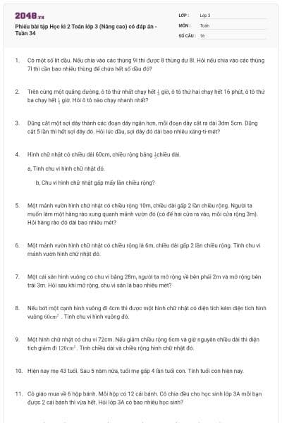 Phiếu bài tập Học kì 2 Toán lớp 3 (Nâng cao) có đáp án -Tuần 34