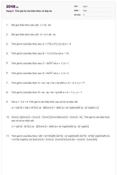 Dạng 5. Tính giá trị của biểu thức có đáp án