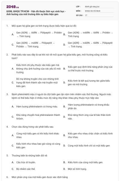 ĐGNL ĐHQG TP.HCM - Vấn đề thuộc lĩnh vực sinh học - Ảnh hưởng của môi trường đến sự biểu hiện gen