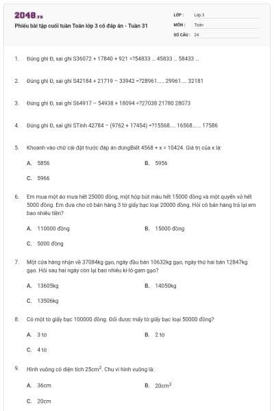 Phiếu bài tập cuối tuần Toán lớp 3 có đáp án - Tuần 31