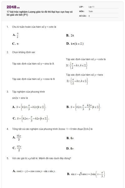 17 bài trắc nghiệm Lượng giác từ đề thi Đại học cực hay có lời giải chi tiết (P1)