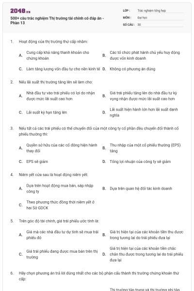 500+ câu trắc nghiệm Thị trường tài chính có đáp án - Phần 13