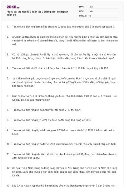 Phiếu bài tập Học kì 2 Toán lớp 3 (Nâng cao) có đáp án -Tuần 35