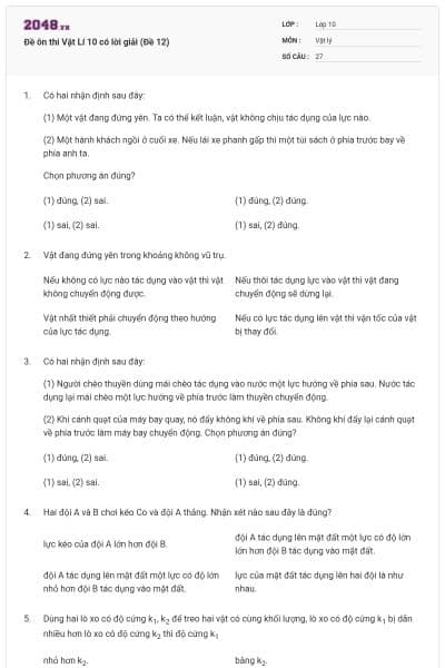 Đề ôn thi Vật Lí 10 có lời giải (Đề 12)