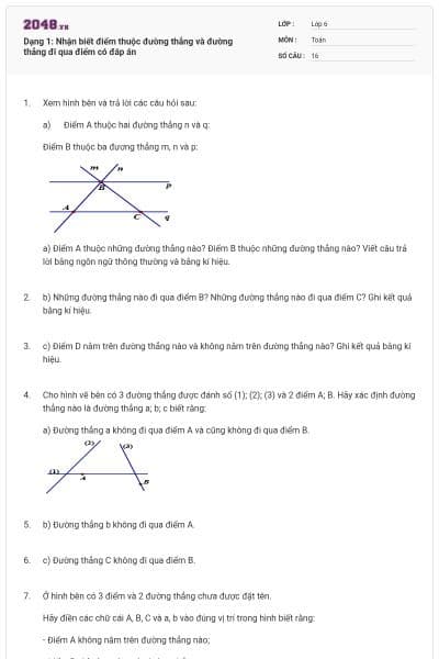 Dạng 1: Nhận biết điểm thuộc đường thẳng và đường thẳng đi qua điểm có đáp án