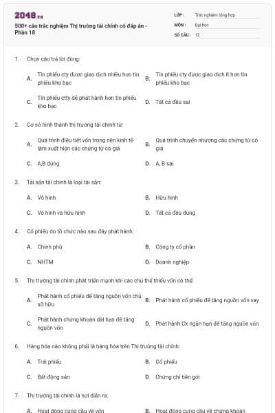 500+ câu trắc nghiệm Thị trường tài chính có đáp án - Phần 18