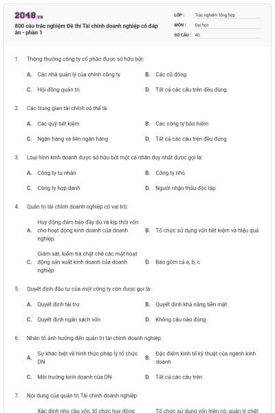 800 câu trắc nghiệm Đề thi Tài chính doanh nghiệp có đáp án - phần 1