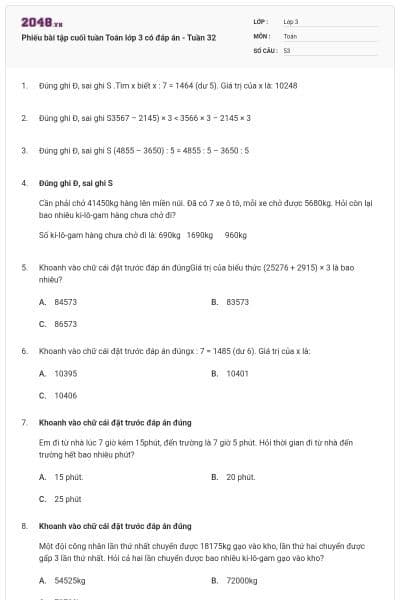 Phiếu bài tập cuối tuần Toán lớp 3 có đáp án - Tuần 32