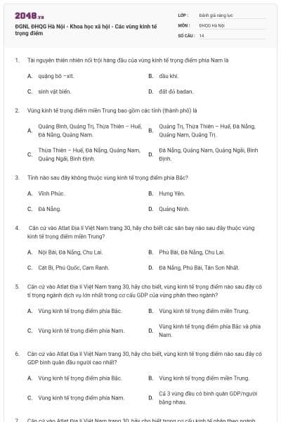 ĐGNL ĐHQG Hà Nội - Khoa học xã hội - Các vùng kinh tế trọng điểm
