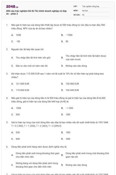 800 câu trắc nghiệm Đề thi Tài chính doanh nghiệp có đáp án - phần 2