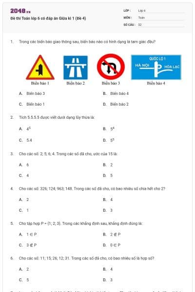Đề thi Toán lớp 6 có đáp án Giữa kì 1 (Đề 4)
