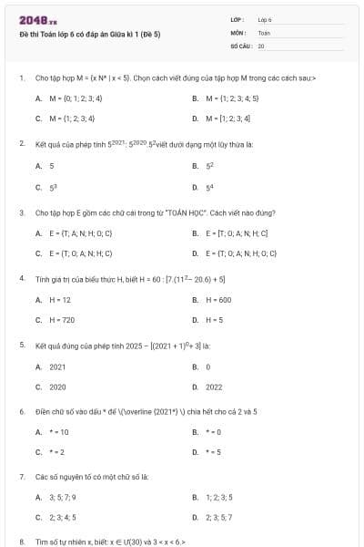 Đề thi Toán lớp 6 có đáp án Giữa kì 1 (Đề 5)