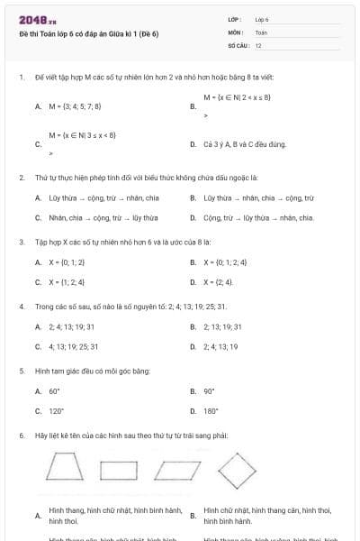 Đề thi Toán lớp 6 có đáp án Giữa kì 1 (Đề 6)