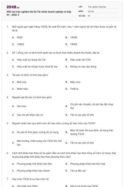 800 câu trắc nghiệm Đề thi Tài chính doanh nghiệp có đáp án - phần 3