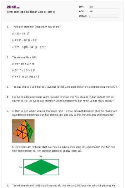 Đề thi Toán lớp 6 có đáp án Giữa kì 1 (Đề 7)