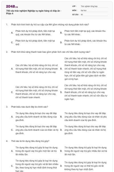 700 câu trắc nghiệm Nghiệp vụ ngân hàng có đáp án - Phần 4