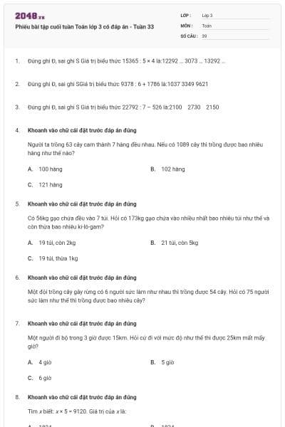 Phiếu bài tập cuối tuần Toán lớp 3 có đáp án - Tuần 33