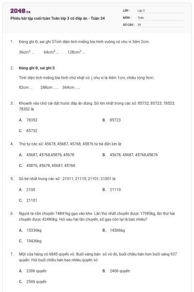 Phiếu bài tập cuối tuần Toán lớp 3 có đáp án - Tuần 34