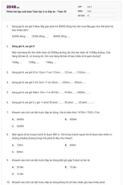 Phiếu bài tập cuối tuần Toán lớp 3 có đáp án - Tuần 35