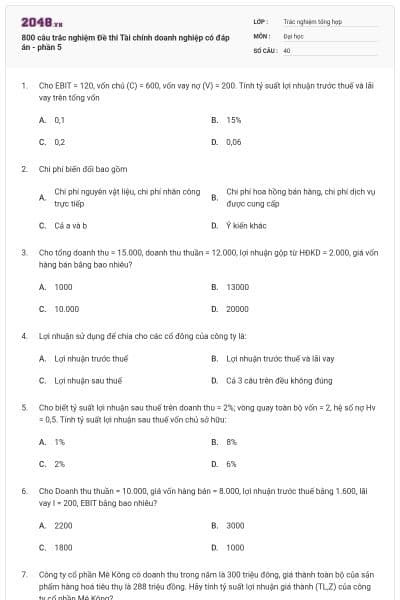 800 câu trắc nghiệm Đề thi Tài chính doanh nghiệp có đáp án - phần 5