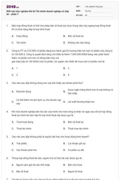 800 câu trắc nghiệm Đề thi Tài chính doanh nghiệp có đáp án - phần 7