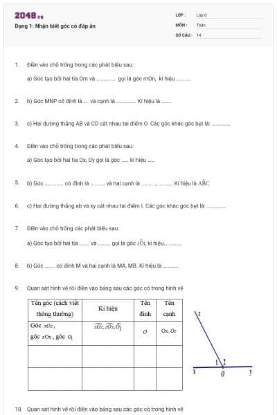 Dạng 1: Nhận biết góc có đáp án