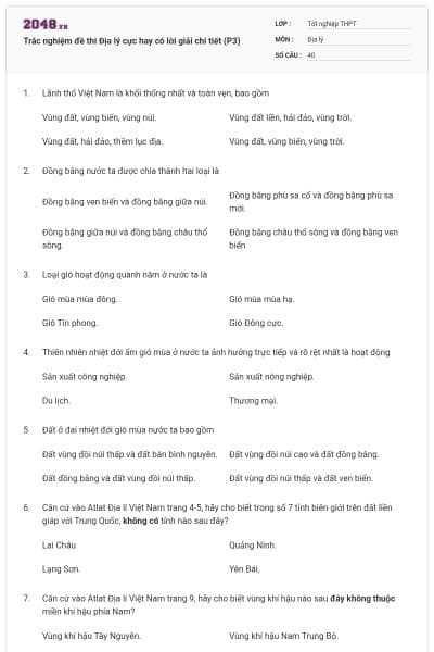 Trắc nghiệm đề thi Địa lý cực hay có lời giải chi tiết (P3)