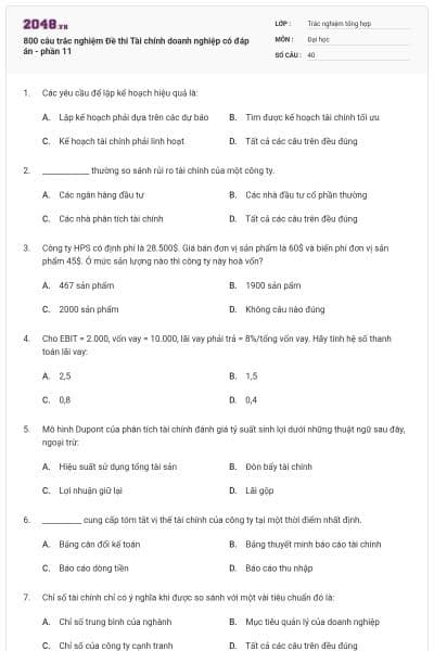 800 câu trắc nghiệm Đề thi Tài chính doanh nghiệp có đáp án - phần 11