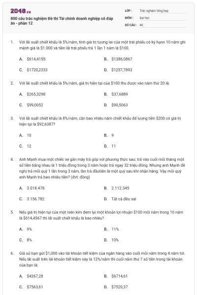 800 câu trắc nghiệm Đề thi Tài chính doanh nghiệp có đáp án - phần 12