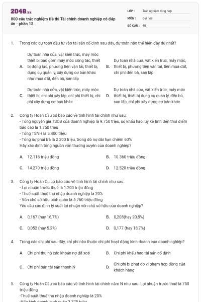 800 câu trắc nghiệm Đề thi Tài chính doanh nghiệp có đáp án - phần 13
