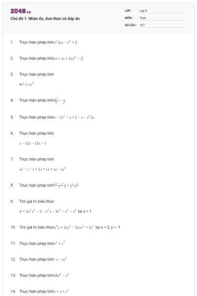 Chủ đề 1: Nhân đa, đơn thức có đáp án