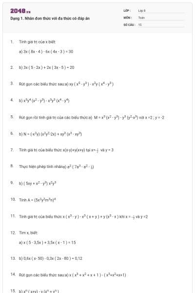 Dạng 1. Nhân đơn thức với đa thức có đáp án