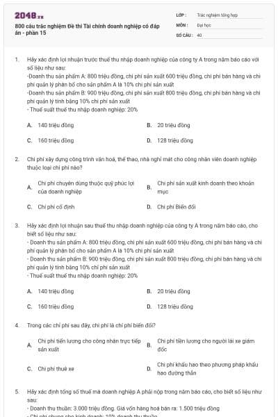 800 câu trắc nghiệm Đề thi Tài chính doanh nghiệp có đáp án - phần 15