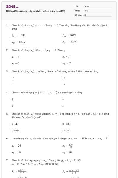 Bài tập Cấp số cộng, cấp số nhân cơ bản, nâng cao (P5)